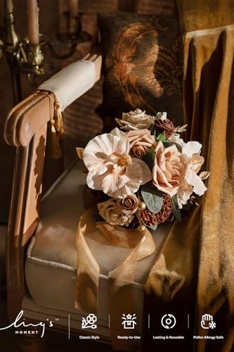 Ling's moment Artificial Bridesmaid Bouquets Set of 4,Brown Wedding Flower Bouquets Beige Floral Bouquet Bridal Bouquets with Ribbon Ceremony Anniversary,7-inch Diameter - color: Walnut Brown