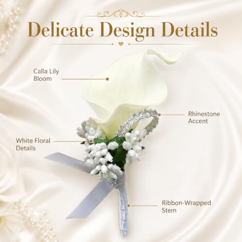ChezMax Calla Lily White Boutonniere Handmade Silk Flower with Ribbon Corsage for Bride Groom Wedding Party 6 Packs - color: B-white Boutonniere-6 Pcs