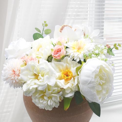 Artificial Flowers Bouquets Box Set, Artificial Rose for DIY Bridal Wedding Decorations Fake Roses Floral Arrangement for Table Centerpieces Baby Shower Home Decorations (White)
