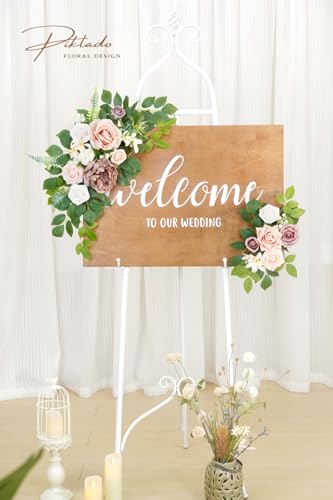 Wedding decor (pack of 2) Welcome Sign Flower Backdrop Garland For Ceremony Reception Wall Easel Home Decoration Entryway Faux Outdoor Board Head Table Decor (Dusty Rose) - color: Dusty Rose