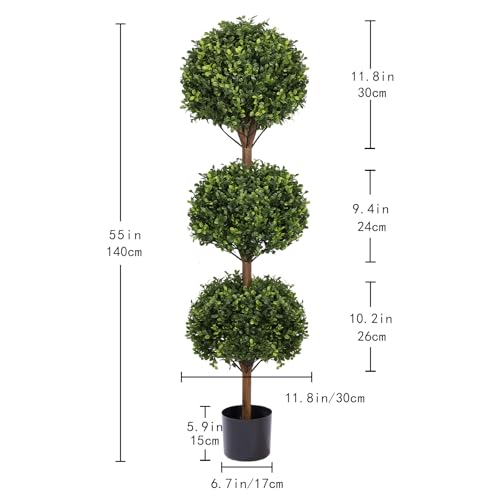 THE BLOOM TIMES 55" Artificial Boxwood Triple Ball Topiary Trees, UV Resistant Large Tall Fake Potted Plants for Outdoor Planter, Realistic Faux Bushes Shrubs for Front Porch Outside Decor Set of 2 - color: Boxwood-dark Green, size: 55 inch