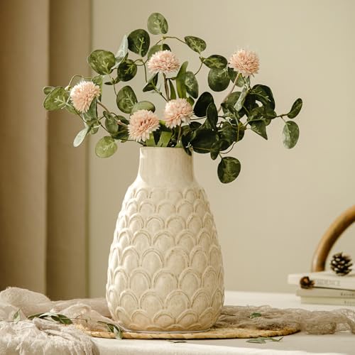 Ceramic Flower Vase, 9.06” Rustic Farmhouse Decorative Vase for Home Decor, Beige Textured Pottery Vase for Pampas Grass, Living Room, Entryway, Mantel, Kitchen Table, Centerpiece - color: 401-white