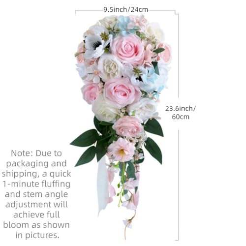 9.5 Inch Cascading Wedding Bouquet for Bride Cascade Artificial Rose Flower Bride Bridal Bouquet Rustic Boho Wedding Ceremony Anniversary Bridal Shower Light Pink - color: Light Pink