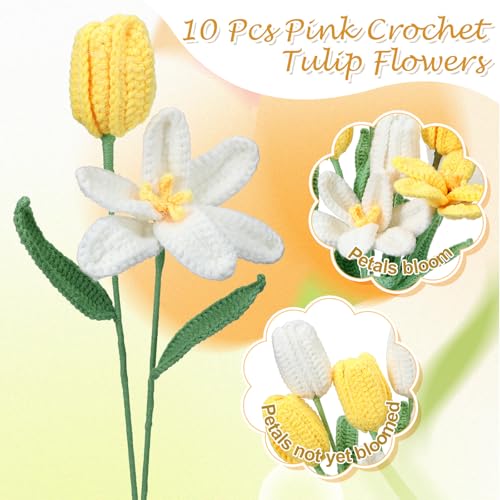 Shihanee 10 Pcs Tulip Crochet Flowers Bouquet Handmade Knitted Flower Decor Birthday Gifts for Women Grandma Spring Home Vase Centerpiece, 13.7", Vase Not Inchluded(Yellow, White) - color: Yellow, White