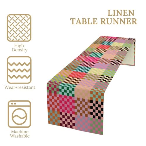 Retro Groovy Table Runner Vintage Hippie Plaid Funky Colorful Geometric Checkered Dinner Runner for Country Farmhouse Kitchen Birthday Party Holiday 36X13inch - color: Checkered-13, size: L36"x W13"