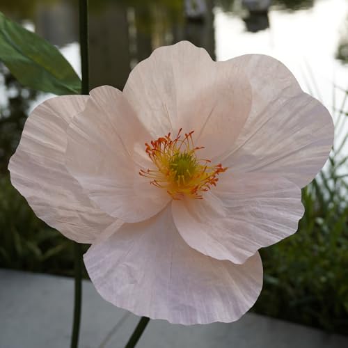 Large Paper Artificial Flowers,Giant Flowers for Decoration,Huge Handcrafted Poppy Fake Flowers with Stand for Home Decor Bridal Shower Party Outdoors Yard Event Backdrop Decor (Champagne) - color: Champagne