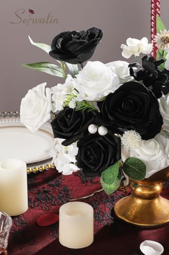 Serwalin Black Artificial Flowers and White Deluxe Combo Box Set, Daisy Fake Flower for DIY Wedding Bridal Bouquet, Centerpieces Decor, Floral Arrangement Decor, etc. - color: Agate Black and White, size: 1 Box