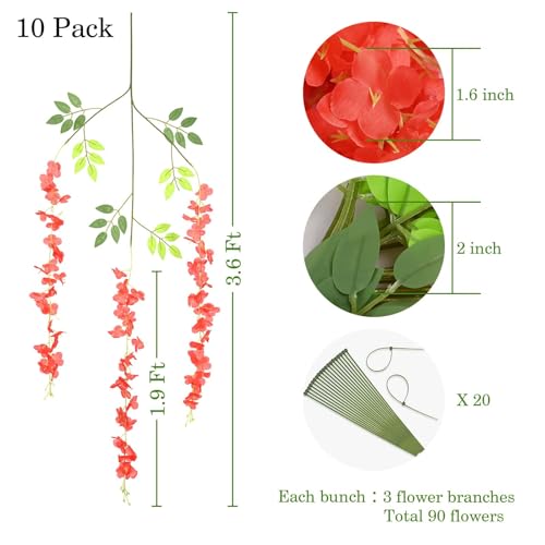 BLEUM CADE Artificial Wisteria Hanging Flowers, 10 Pcs Red, 3.6Ft/Pcs, Decorative Plant Garland for Home, Wedding, Party Decorations - color: Red, size: 10pcs