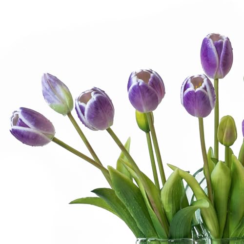 DUYONE 15Pcs Artificial Tulips Flowers, Soft Touch Realistic Latex Tulips Bouquet for Home Office Wedding Party Garden Decor, Fake Flowers for Centerpieces Dining Table Living Room Spring-B Amethyst - color: B Style-15pcs Amethyst (No Vase)