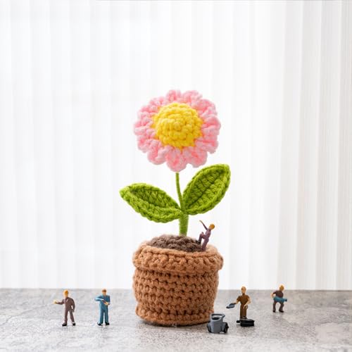 Handmade Crochet Flowers, Small Potted Plants, Knitted Desk Decorations for Home Office Decor, 5 Inches Pink Artificial Flower (Sunflower) - color: 1：one Sunflower