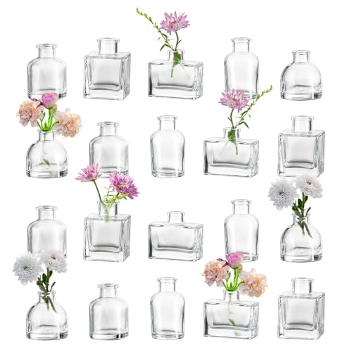 Small Glass Bud Vases for Centerpieces - Hewory 20pcs Clear Sturdy Cute Flower Vases Bulk, Mini Bottle Vase for Wedding Home Decor Birthday Party Events Mother's Day Bridal Shower Gifts Table Decor - color: Clear, size: Mini-20pcs