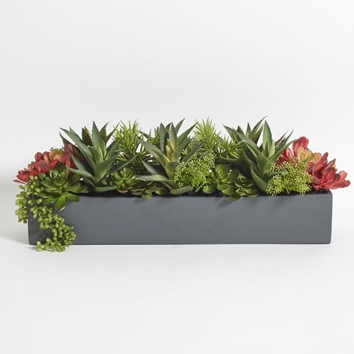 CG Hunter Oblong Faux Succulent Arrangement, Premium Artificial Indoor Plant Enhances Interior Design, Display on any Surface in Your Home Adding an Inviting Touch of Nature, Grey Planter Pot Included - size: 27" Oblong Grey Planter