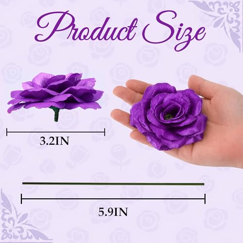 Rose Artificial Flowers, 50Pcs White Roses Head Flowers Bulk with Stem, 3 Inches Silk Rose Fake Flower Head for Wedding Party Home Decor DIY Baby Shower Centerpieces Tables Decoration (Deep Purple) - color: Deep Purple