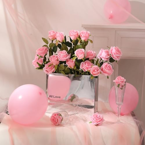Hawesome 12PCS Artificial Silk Flowers Realistic Roses Bouquet Long Stem for Home Wedding Decoration Party (Pink, 6 Flowers 6 Buds) - color: Pink, size: 6 Flowers 6 Buds