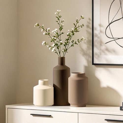 Ceramic Vase Set of 3 Terracotta Brown Beige, Modern Small Flower Vases for Home Decor, Boho Farmhouse Rustic Decorative Vases for Living Room Table Shelf Kitchen Bedroom Centerpieces - color: Multi 3q