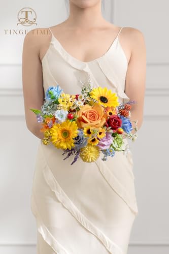 TINGE TIME Fake Flowers Artificial Flowers Peonies Bulbous Chrysanthemum Daisy Hydrangea Sunflower Violets Dahlia Daffodils Epiphyllum Orchid Cherry Blossom Camellia Leyaron (Rainbow Colorful) - color: Rainbow Colorful