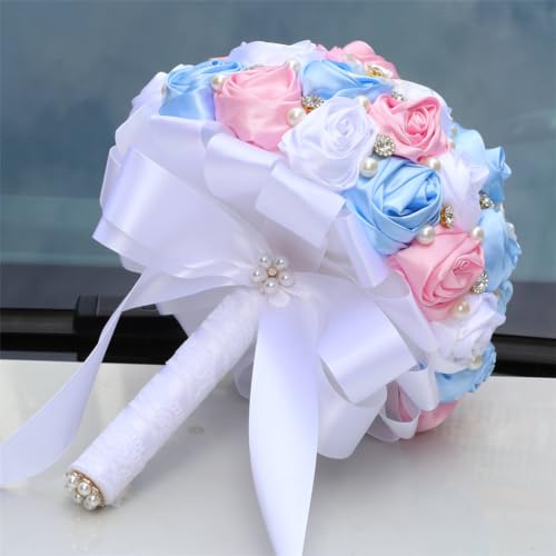 MaxxCloud 5.9‘’ Handmade Romantic Toss Bouquet for Bride Stunning Bridesmaid Brooch Wedding Bouquet with Jewelry Petals Blue Pink and White - color: Blue Pink+white, size: 5.9''/15cm