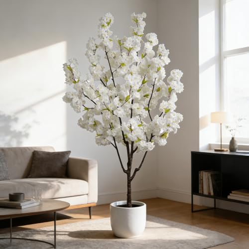 BINCUE Artificial White Cherry Blossom Tree Fake Tree Cherry Blossom Decor Fake Flowers Faux Flowering Tree White Flowers Floral Artificial Plants for Indoors Outdoors Room Home Decor Gift 6FT - color: White-03ap