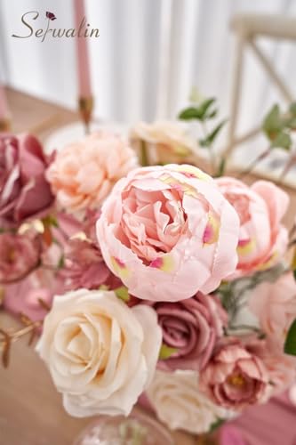 Serwalin 2 Pcs Artificial Flowers Pink Wedding Cake Flowers, Fake Dusty Roses Peonies for Bouquets Table Centerpieces Wedding Home Decor, Baby Shower Party Flowers with Stems DIY Combo - color: A Abby Dusty Pink, size: 2 Boxes