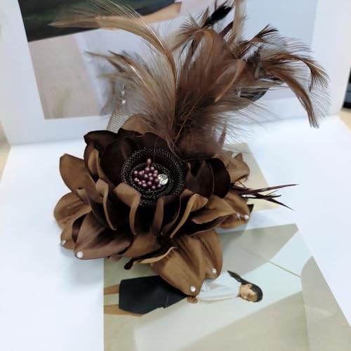 Elegant Flower Brooch for Women Wedding Party Dance Banquet Pins Feather Flower Fascinator Lady Floral Hairpins Dress Suit Lapel Pin Ceremony Accessories Corsage Brooches Vintage Jewelry Gifts - color: Brown