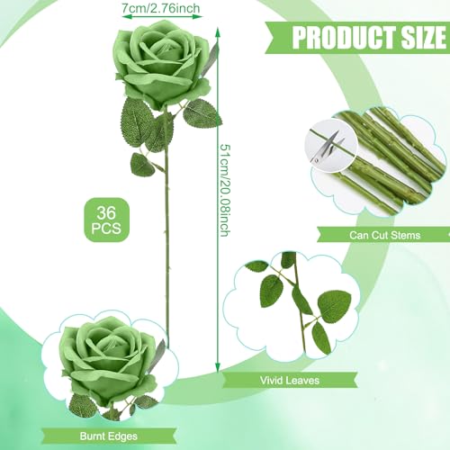 36 Pcs Velvet Texture Sage Green Artificial Flowers Bridal Bouquet, Fake Rose Long Stem Realistic Flowers Bulk for Valentine's Day Wedding Bouquet Ball Arrangement Centerpiece Party Home Deco - color: Sage Green