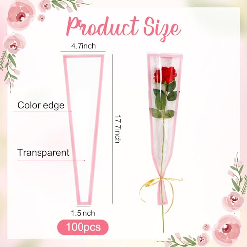 BEISHIDA 100 PCS Single Rose Sleeve Single Flower Wrapping Bags Single Rose Packaging Cellophane Flower Sleeves for Florist Bouquet Supplies, Mother's Day, Valentine's Day,Wedding Gift(White Edge) - color: single-pink