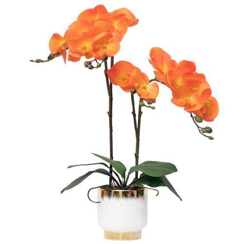 CXGS Orchids Artificial Flowers Real Touch Fake Flowers in Ceramic Pot 20" Orange Faux Orchid Plant Lifelike Silk Phalaenopsis for Centerpiece Hotel Home Indoor Decor - color: Orange- White Gold Vase