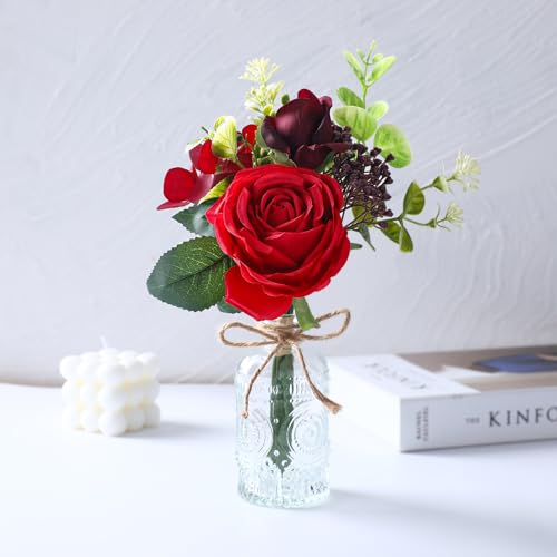 AFRITEE Artificial Flowers with Vase - Small Red Fake Plants Faux Silk Flower Arrangement in Vase for Home Decor for Indoor Dining Living Room Coffee Wedding Table Centerpieces - color: Red Bouquet+relief Vase