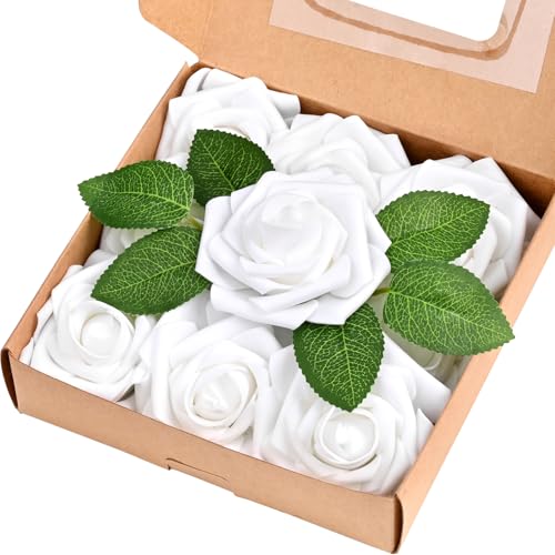 9 Pcs Artificial Flowers Fake Rose with Stems - White Real Touch Foam Roses for DIY Wedding Bouquet Bridal Shower Cake Toppers Centerpiece Table Valentines Day Supplies Decorations - color: White, size: 9Pcs