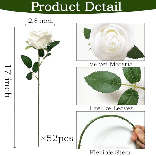 50Pcs White Roses Artificial Flowers with Stems，Fake Roses Bouquet Fake Flowers Bulk，Silk Velvet Roses for Wedding Centerpieces Arrangement Baby Shower Birthday Home Decor Gifts - color: White, size: 50
