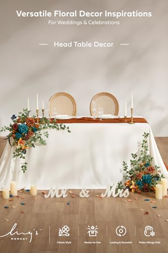 Ling's moment 2PCS Burnt Orange Artificial Flower Garland Wedding Arch Flowers Floral Swags Centerpieces Teal Blue Rose Terracotta Garlands Greenery for Table Easel Wall Entryway Board Backdrop - color: Or-teal & Terracotta