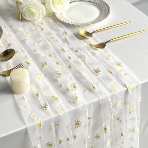 Daisy Gauze Table Runner 120 Inch 10FT, Floral Flower Tulle Table Runner Seasonal Kitchen Dining Table Decorations for Party Wedding Christmas Holiday Birthday (White) - color: White