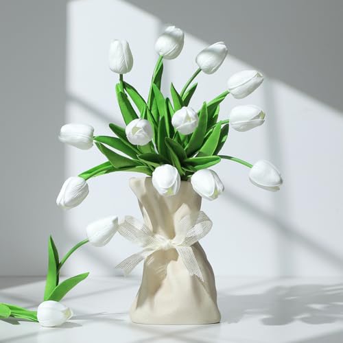 30 Pcs Artificial Tulips PU Faux Flowers, White Real Touch Fake Tulips for Valentine's Day Spring Easter Home Kitchen Wedding Decorations and New Year Decor - color: White