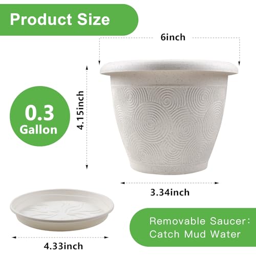 Fodetyff 6 Inch Flower Pots Planters for Indoor Outdoor Plants, 6 Pack Plastic Small Plant Pots with Drainage Hole & Tray, Modern Decorative Garden Pot with Saucer, Plant Container for House - color: White, size: 6 inch-6 pack