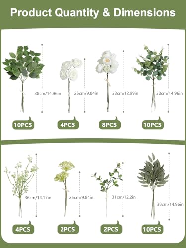Artificial Wedding Greenery Filler Box Set 50Pcs with 8 Kinds Fake Greenery Stems for Centerpiece and Floral Arrangement Greenery Bouquet Filler(White Green) - color: White Green