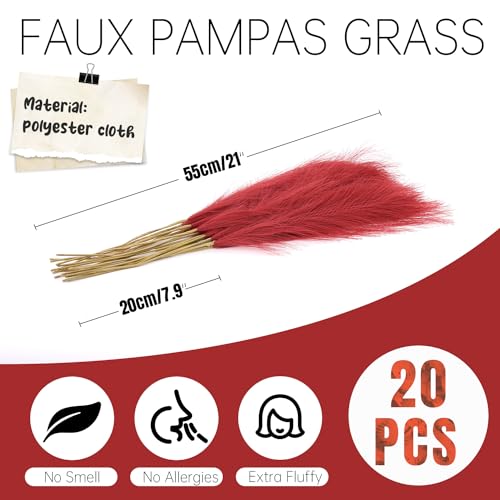 Faux Pampas Grass Decor ， 21.7 Inch Artificial Pampas Grass, Wine Red Reed Grass, Vase Filler for Home Decor, Room, Bathroom, Wedding, Table Centerpiece - 20PCS - color: Wine Red