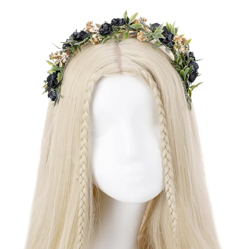 Black Flower Crown Headband, Fairy Dark Floral Headpiece with Gold Leaf, Woodland Elf Gothic Flower Headband for Women Girls Renaissance Renfaire Fantasy Cosplay Party Hair Accessories - color: Black