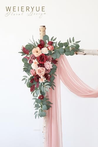 Artificial Wedding Arch Flowers Kit(Pack of 3),2Pcs Artificial Flower Arch Decor,1Pcs Sheer Drape for Wedding Ceremony Arbor for WeddingCeremony (Cream red) - color: Cream Red