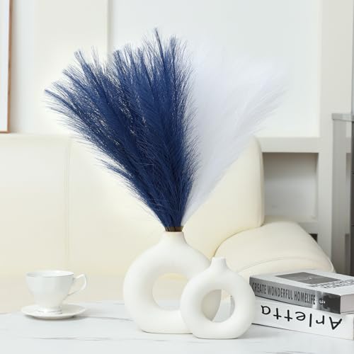 Ureymx Faux Pampas Grass Decor 17.7 Inch 6pcs, Artificial Pompas Grass Bulk Artificial Dried Flower Small Vase Filler for Boho Home Wedding Decoration (Blue/White) - color: Blue/White, size: 17 Inch 6 Pcs