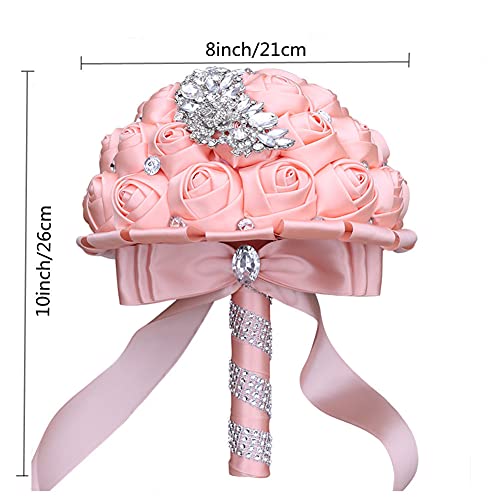 XINNI Handmade Bridal Wedding Bouquet Bride Bridesmaid Satin Rose Flower Bouquet with Meteor Shower Shape Rhinestone Wedding Decoration Shell Pink - color: Shell Pink