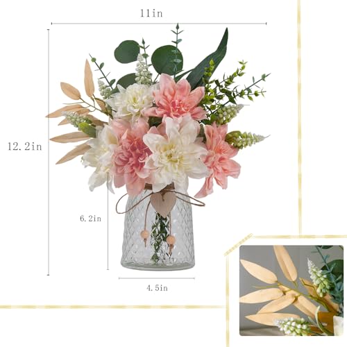 Fake Flowers with Vase Silk Flowers in Vase Dahlia Flowers Arrangement Suitable for Home Office Decoration, Dining Table Centerpiece (Dahlia-White Pink) - color: Dahlia-white Pink