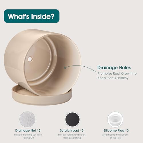 vancasso Ceramic Planters, Plant Pots for Indoor Plants, 6.25+8.25+10.25 Inch Ceramic Pots for Plants, Flower Pots with Drainage Holes (Gray, 6.25+8.25+10.25 Inch) - color: Gray, size: 6.25 + 8.25 + 10.25 Inch