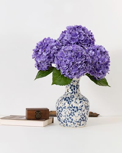 DuHouse 3Pcs Hydrangea Artificial Flowers,Latex Real Touch Hydrangeas with Long Stems & Leaves for Home Decor Party Floral Arrangements Wedding Bouquets Centerpieces(Purple) - color: Purple, size: 3pcs