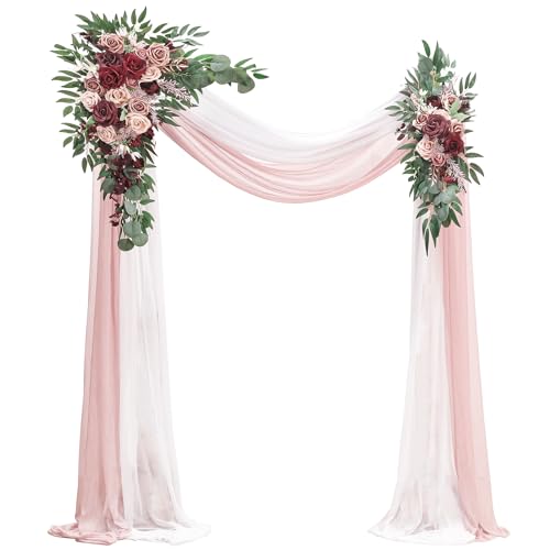 Floroom Arch Flowers with Drapes Kit (Pack of 4) - 2pcs Artificial Marsala & Champagne Floral Swag Arrangement with 2pcs Draping Fabric for Wedding Ceremony Arbor and Reception Backdrop Decoration - color: Marsala & Champagne