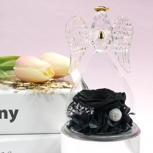 Miofula Gifts for Mom Birthday Gifts for Women, Preserved Flowers Rose in Glass Angel Figurines, Fresh Flowers for Delivery Anniversary Forever Real Roses Gifts for Mothers Grandma Her Wife Girlfriend - color: Black