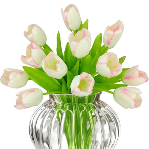 12pcs Pink Tulips Artificial Flowers Real Touch Silk Fake Flowers Faux Tulip Stems for Wedding Spring Bouquet Floral Arrangement Home Decorations Table Centerpiece - color: Pink