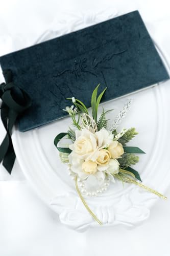 2 Pcs Wrist Corsage and Boutonniere Set, Champagne Corsage for Wedding, Boutonniere for Men Artificial Rose Flower Wristlet Bracelet Prom Ceremony Anniversary Accessories Decor Suit - color: Champagne