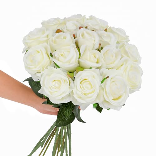 Tifuly White Roses Artificial Flowers - 12 pcs Realistic Long Stem Fake Roses Mashup Style Silk Roses for DIY Bouquets Wedding Centerpieces Arrangements Home Party Decor - color: White