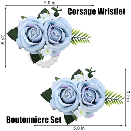 2PCS Light Blue Rose Wrist Corsage Wristlet Band and Men Boutonniere Set, for Wedding Anniversary Artificial Flowers Accessories Prom Party Suit Decorations - color: Light Blue