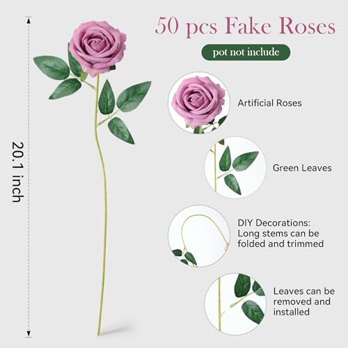 50 PCS Roses Artificial Flowers, Realistic Fake Roses with Long Stems Silk Flowers for DIY Wedding Bouquet Party Celebration Home Bridal Baby Shower Decoration Birthday Gift for Her Wife, Dusty Rose - color: Dusty Rose